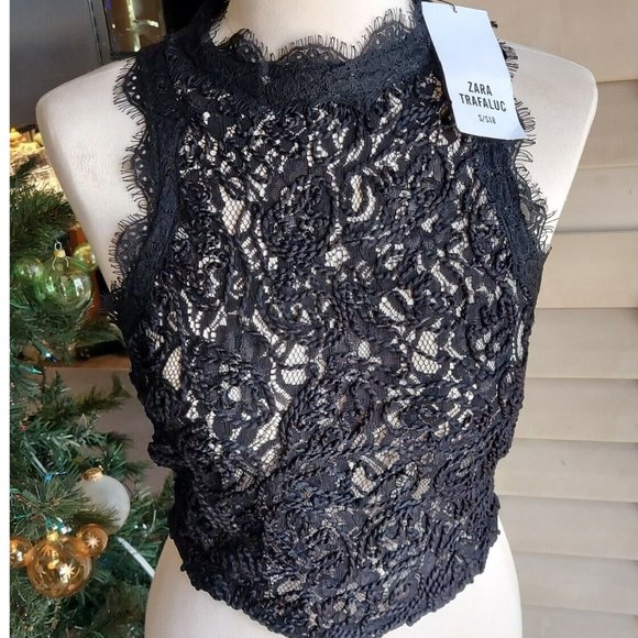 New Zara Trafaluc Black Lace Halter Crop Top Embroidered Sz s/s18 NWT - Picture 1 of 7